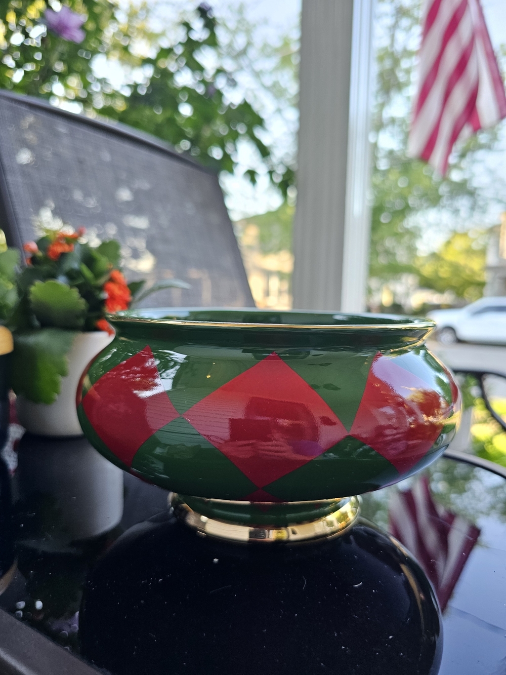 Vintage Teleflora Holiday Harlequin Bowl Red Green Gold Trim Planter